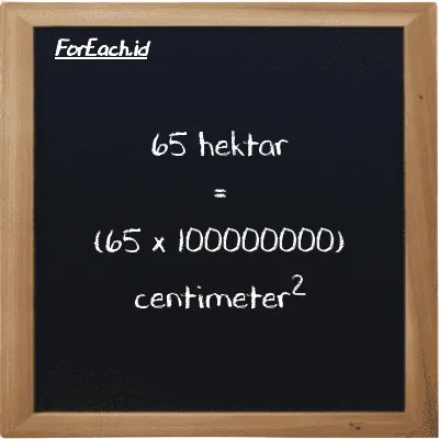 Cara konversi hektar ke centimeter<sup>2</sup> (ha ke cm<sup>2</sup>): 65 hektar (ha) setara dengan 65 dikalikan dengan 100000000 centimeter<sup>2</sup> (cm<sup>2</sup>)