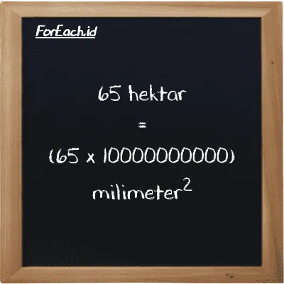 Cara konversi hektar ke milimeter<sup>2</sup> (ha ke mm<sup>2</sup>): 65 hektar (ha) setara dengan 65 dikalikan dengan 10000000000 milimeter<sup>2</sup> (mm<sup>2</sup>)