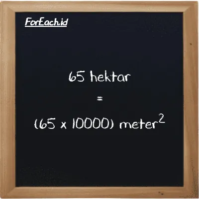 Cara konversi hektar ke meter<sup>2</sup> (ha ke m<sup>2</sup>): 65 hektar (ha) setara dengan 65 dikalikan dengan 10000 meter<sup>2</sup> (m<sup>2</sup>)