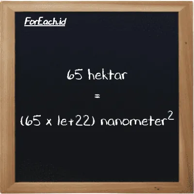 Cara konversi hektar ke nanometer<sup>2</sup> (ha ke nm<sup>2</sup>): 65 hektar (ha) setara dengan 65 dikalikan dengan 1e+22 nanometer<sup>2</sup> (nm<sup>2</sup>)