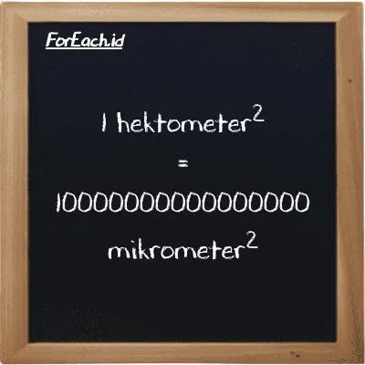 1 hektometer<sup>2</sup> setara dengan 10000000000000000 mikrometer<sup>2</sup> (1 hm<sup>2</sup> setara dengan 10000000000000000 µm<sup>2</sup>)