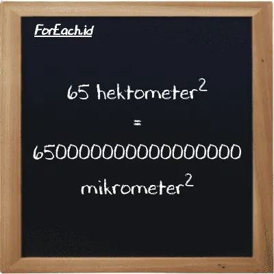 65 hektometer<sup>2</sup> setara dengan 650000000000000000 mikrometer<sup>2</sup> (65 hm<sup>2</sup> setara dengan 650000000000000000 µm<sup>2</sup>)