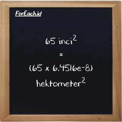 Cara konversi inci<sup>2</sup> ke hektometer<sup>2</sup> (in<sup>2</sup> ke hm<sup>2</sup>): 65 inci<sup>2</sup> (in<sup>2</sup>) setara dengan 65 dikalikan dengan 6.4516e-8 hektometer<sup>2</sup> (hm<sup>2</sup>)