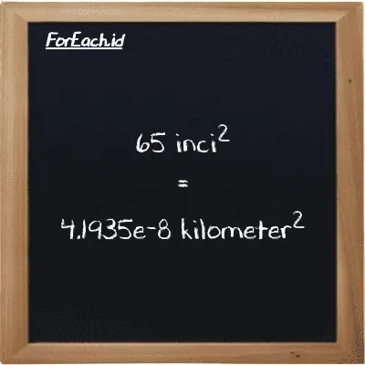 65 inci<sup>2</sup> setara dengan 4.1935e-8 kilometer<sup>2</sup> (65 in<sup>2</sup> setara dengan 4.1935e-8 km<sup>2</sup>)