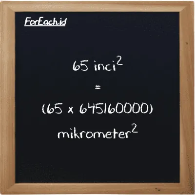 Cara konversi inci<sup>2</sup> ke mikrometer<sup>2</sup> (in<sup>2</sup> ke µm<sup>2</sup>): 65 inci<sup>2</sup> (in<sup>2</sup>) setara dengan 65 dikalikan dengan 645160000 mikrometer<sup>2</sup> (µm<sup>2</sup>)