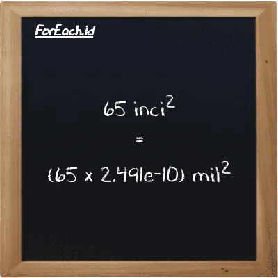 Cara konversi inci<sup>2</sup> ke mil<sup>2</sup> (in<sup>2</sup> ke mi<sup>2</sup>): 65 inci<sup>2</sup> (in<sup>2</sup>) setara dengan 65 dikalikan dengan 2.491e-10 mil<sup>2</sup> (mi<sup>2</sup>)