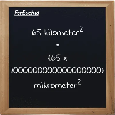 Cara konversi kilometer<sup>2</sup> ke mikrometer<sup>2</sup> (km<sup>2</sup> ke µm<sup>2</sup>): 65 kilometer<sup>2</sup> (km<sup>2</sup>) setara dengan 65 dikalikan dengan 1000000000000000000 mikrometer<sup>2</sup> (µm<sup>2</sup>)
