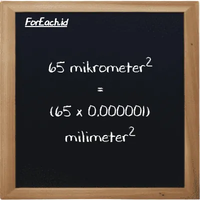 Cara konversi mikrometer<sup>2</sup> ke milimeter<sup>2</sup> (µm<sup>2</sup> ke mm<sup>2</sup>): 65 mikrometer<sup>2</sup> (µm<sup>2</sup>) setara dengan 65 dikalikan dengan 0.000001 milimeter<sup>2</sup> (mm<sup>2</sup>)