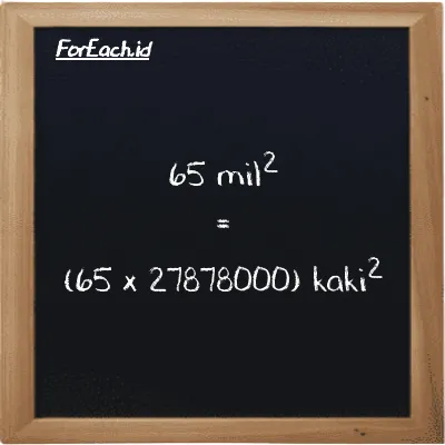 Cara konversi mil<sup>2</sup> ke kaki<sup>2</sup> (mi<sup>2</sup> ke ft<sup>2</sup>): 65 mil<sup>2</sup> (mi<sup>2</sup>) setara dengan 65 dikalikan dengan 27878000 kaki<sup>2</sup> (ft<sup>2</sup>)