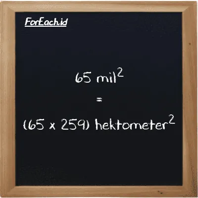 Cara konversi mil<sup>2</sup> ke hektometer<sup>2</sup> (mi<sup>2</sup> ke hm<sup>2</sup>): 65 mil<sup>2</sup> (mi<sup>2</sup>) setara dengan 65 dikalikan dengan 259 hektometer<sup>2</sup> (hm<sup>2</sup>)