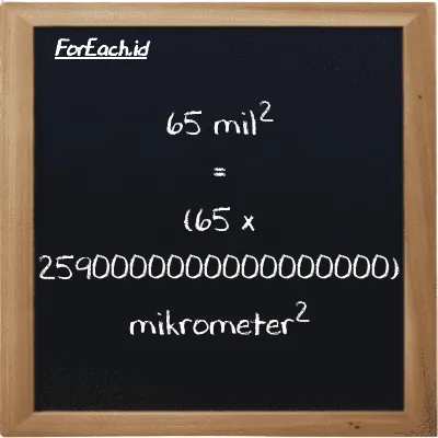 Cara konversi mil<sup>2</sup> ke mikrometer<sup>2</sup> (mi<sup>2</sup> ke µm<sup>2</sup>): 65 mil<sup>2</sup> (mi<sup>2</sup>) setara dengan 65 dikalikan dengan 2590000000000000000 mikrometer<sup>2</sup> (µm<sup>2</sup>)