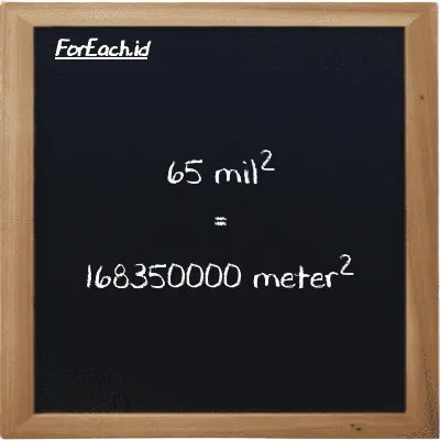 65 mil<sup>2</sup> setara dengan 168350000 meter<sup>2</sup> (65 mi<sup>2</sup> setara dengan 168350000 m<sup>2</sup>)