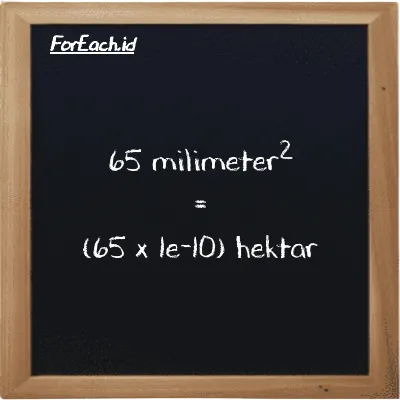 Cara konversi milimeter<sup>2</sup> ke hektar (mm<sup>2</sup> ke ha): 65 milimeter<sup>2</sup> (mm<sup>2</sup>) setara dengan 65 dikalikan dengan 1e-10 hektar (ha)