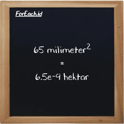 65 milimeter<sup>2</sup> setara dengan 6.5e-9 hektar (65 mm<sup>2</sup> setara dengan 6.5e-9 ha)