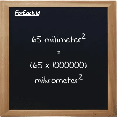 Cara konversi milimeter<sup>2</sup> ke mikrometer<sup>2</sup> (mm<sup>2</sup> ke µm<sup>2</sup>): 65 milimeter<sup>2</sup> (mm<sup>2</sup>) setara dengan 65 dikalikan dengan 1000000 mikrometer<sup>2</sup> (µm<sup>2</sup>)
