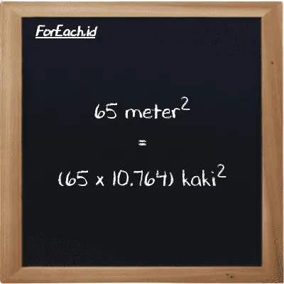 Cara konversi meter<sup>2</sup> ke kaki<sup>2</sup> (m<sup>2</sup> ke ft<sup>2</sup>): 65 meter<sup>2</sup> (m<sup>2</sup>) setara dengan 65 dikalikan dengan 10.764 kaki<sup>2</sup> (ft<sup>2</sup>)