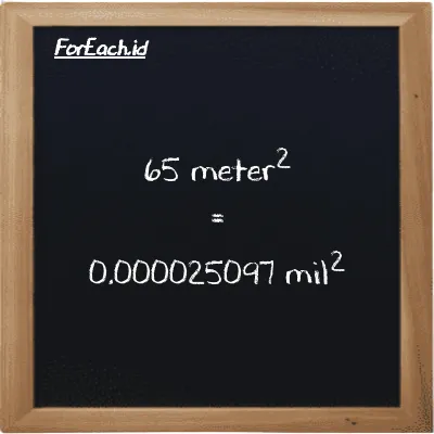 65 meter<sup>2</sup> setara dengan 0.000025097 mil<sup>2</sup> (65 m<sup>2</sup> setara dengan 0.000025097 mi<sup>2</sup>)