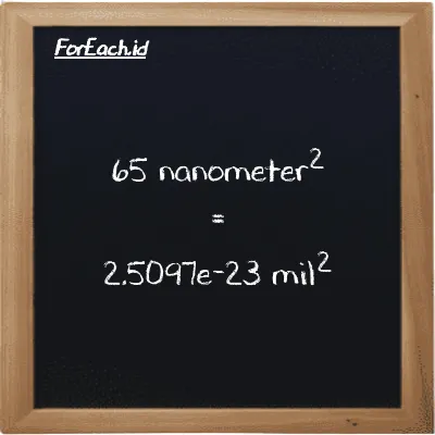 65 nanometer<sup>2</sup> setara dengan 2.5097e-23 mil<sup>2</sup> (65 nm<sup>2</sup> setara dengan 2.5097e-23 mi<sup>2</sup>)