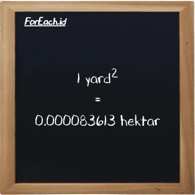 1 yard<sup>2</sup> setara dengan 0.000083613 hektar (1 yd<sup>2</sup> setara dengan 0.000083613 ha)