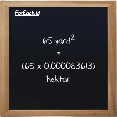 Cara konversi yard<sup>2</sup> ke hektar (yd<sup>2</sup> ke ha): 65 yard<sup>2</sup> (yd<sup>2</sup>) setara dengan 65 dikalikan dengan 0.000083613 hektar (ha)