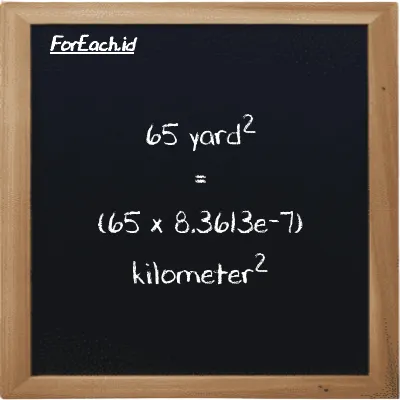 Cara konversi yard<sup>2</sup> ke kilometer<sup>2</sup> (yd<sup>2</sup> ke km<sup>2</sup>): 65 yard<sup>2</sup> (yd<sup>2</sup>) setara dengan 65 dikalikan dengan 8.3613e-7 kilometer<sup>2</sup> (km<sup>2</sup>)