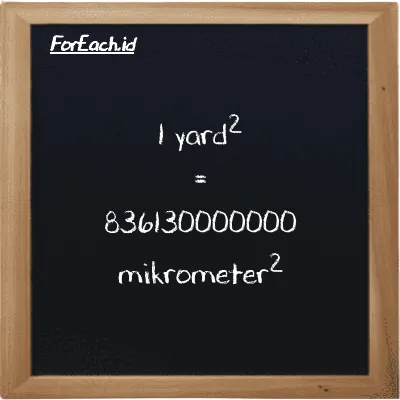 1 yard<sup>2</sup> setara dengan 836130000000 mikrometer<sup>2</sup> (1 yd<sup>2</sup> setara dengan 836130000000 µm<sup>2</sup>)