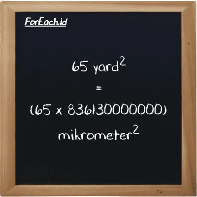 Cara konversi yard<sup>2</sup> ke mikrometer<sup>2</sup> (yd<sup>2</sup> ke µm<sup>2</sup>): 65 yard<sup>2</sup> (yd<sup>2</sup>) setara dengan 65 dikalikan dengan 836130000000 mikrometer<sup>2</sup> (µm<sup>2</sup>)