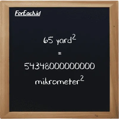 65 yard<sup>2</sup> setara dengan 54348000000000 mikrometer<sup>2</sup> (65 yd<sup>2</sup> setara dengan 54348000000000 µm<sup>2</sup>)
