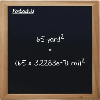 Cara konversi yard<sup>2</sup> ke mil<sup>2</sup> (yd<sup>2</sup> ke mi<sup>2</sup>): 65 yard<sup>2</sup> (yd<sup>2</sup>) setara dengan 65 dikalikan dengan 3.2283e-7 mil<sup>2</sup> (mi<sup>2</sup>)