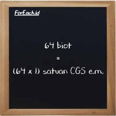 Cara konversi biot ke satuan CGS e.m. (Bi ke cgs-emu): 64 biot (Bi) setara dengan 64 dikalikan dengan 1 satuan CGS e.m. (cgs-emu)
