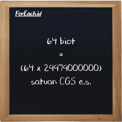 Cara konversi biot ke satuan CGS e.s. (Bi ke cgs-esu): 64 biot (Bi) setara dengan 64 dikalikan dengan 29979000000 satuan CGS e.s. (cgs-esu)