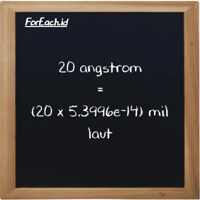 Cara konversi angstrom ke mil laut (Å ke nmi): 20 angstrom (Å) setara dengan 20 dikalikan dengan 5.3996e-14 mil laut (nmi)