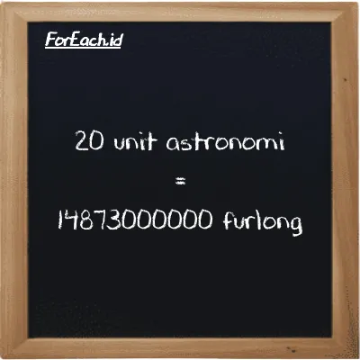 20 unit astronomi setara dengan 14873000000 furlong (20 au setara dengan 14873000000 fur)