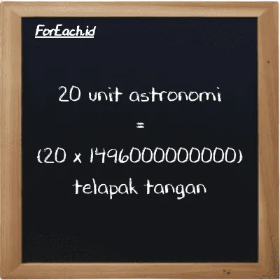 Cara konversi unit astronomi ke telapak tangan (au ke h): 20 unit astronomi (au) setara dengan 20 dikalikan dengan 1496000000000 telapak tangan (h)