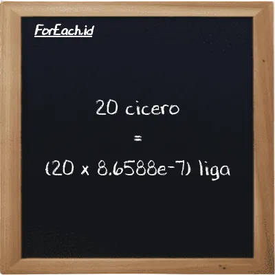 Cara konversi cicero ke liga (ccr ke lg): 20 cicero (ccr) setara dengan 20 dikalikan dengan 8.6588e-7 liga (lg)