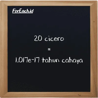 20 cicero setara dengan 1.017e-17 tahun cahaya (20 ccr setara dengan 1.017e-17 ly)