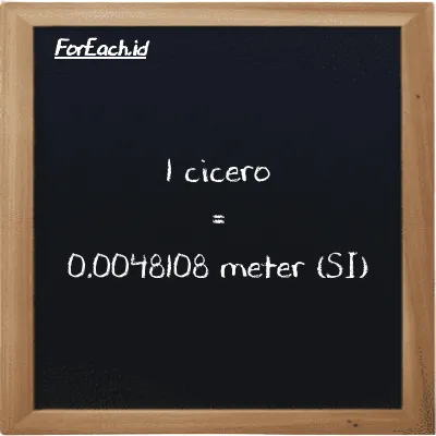 1 cicero setara dengan 0.0048108 meter (1 ccr setara dengan 0.0048108 m)