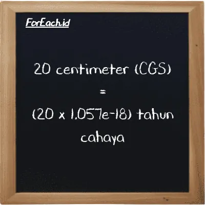 Cara konversi centimeter ke tahun cahaya (cm ke ly): 20 centimeter (cm) setara dengan 20 dikalikan dengan 1.057e-18 tahun cahaya (ly)