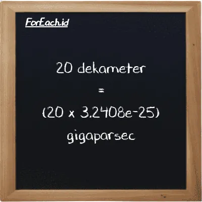 Cara konversi dekameter ke gigaparsec (dam ke Gpc): 20 dekameter (dam) setara dengan 20 dikalikan dengan 3.2408e-25 gigaparsec (Gpc)