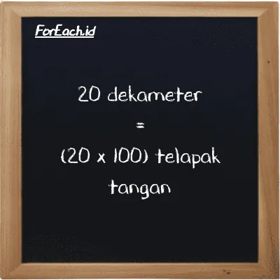 Cara konversi dekameter ke telapak tangan (dam ke h): 20 dekameter (dam) setara dengan 20 dikalikan dengan 100 telapak tangan (h)