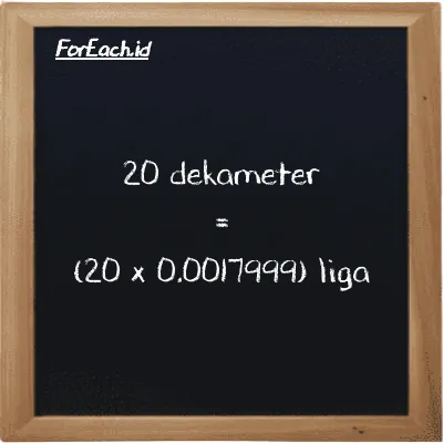 Cara konversi dekameter ke liga (dam ke lg): 20 dekameter (dam) setara dengan 20 dikalikan dengan 0.0017999 liga (lg)