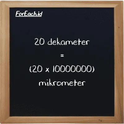 Cara konversi dekameter ke mikrometer (dam ke µm): 20 dekameter (dam) setara dengan 20 dikalikan dengan 10000000 mikrometer (µm)