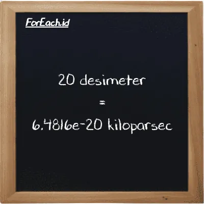 20 desimeter setara dengan 6.4816e-20 kiloparsec (20 dm setara dengan 6.4816e-20 kpc)