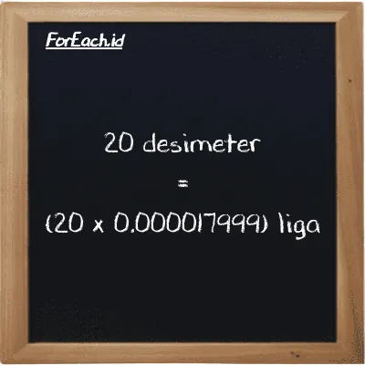 Cara konversi desimeter ke liga (dm ke lg): 20 desimeter (dm) setara dengan 20 dikalikan dengan 0.000017999 liga (lg)