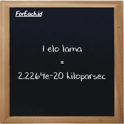 1 elo lama setara dengan 2.2264e-20 kiloparsec (1 el la setara dengan 2.2264e-20 kpc)