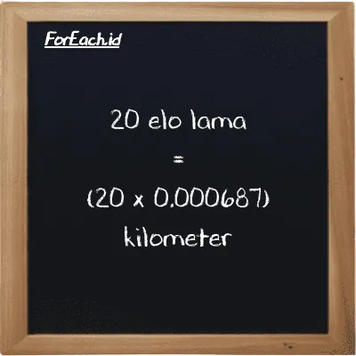 Cara konversi elo lama ke kilometer (el la ke km): 20 elo lama (el la) setara dengan 20 dikalikan dengan 0.000687 kilometer (km)