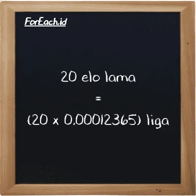 Cara konversi elo lama ke liga (el la ke lg): 20 elo lama (el la) setara dengan 20 dikalikan dengan 0.00012365 liga (lg)