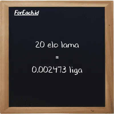 20 elo lama setara dengan 0.002473 liga (20 el la setara dengan 0.002473 lg)