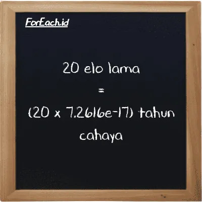 Cara konversi elo lama ke tahun cahaya (el la ke ly): 20 elo lama (el la) setara dengan 20 dikalikan dengan 7.2616e-17 tahun cahaya (ly)