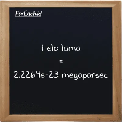 1 elo lama setara dengan 2.2264e-23 megaparsec (1 el la setara dengan 2.2264e-23 Mpc)